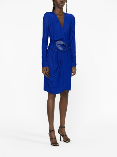 Tom Ford Plunging Leather-trim Microcosta Jersey Wrap Mini Dress In Blue