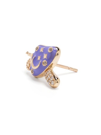 Sydney Evan 14kt Yellow Gold Celestial Mushroom Diamond And Enamel Stud Earring In Purple
