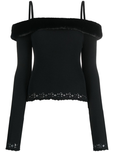 Shop Blumarine Faux-fur Trim Off-shoulder Jumper In Black