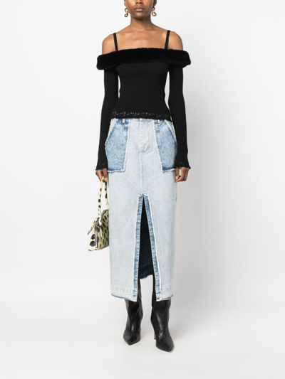 Blumarine Off-the-shoulder Faux Fur Knit Top In Black