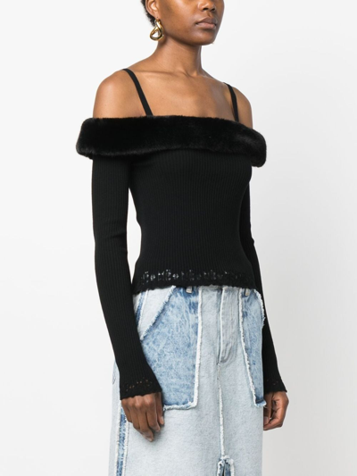 Blumarine Off-the-shoulder Faux Fur Knit Top In Black
