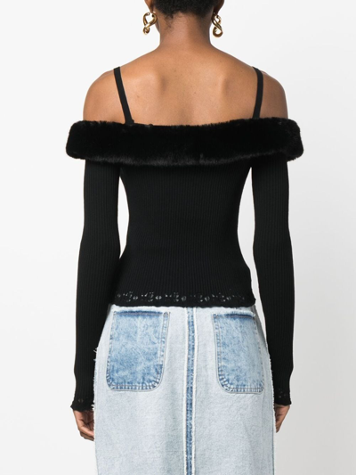 Blumarine Off-the-shoulder Faux Fur Knit Top In Black