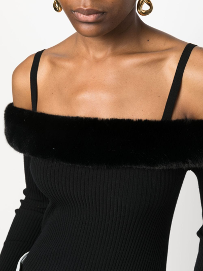Blumarine Off-the-shoulder Faux Fur Knit Top In Black