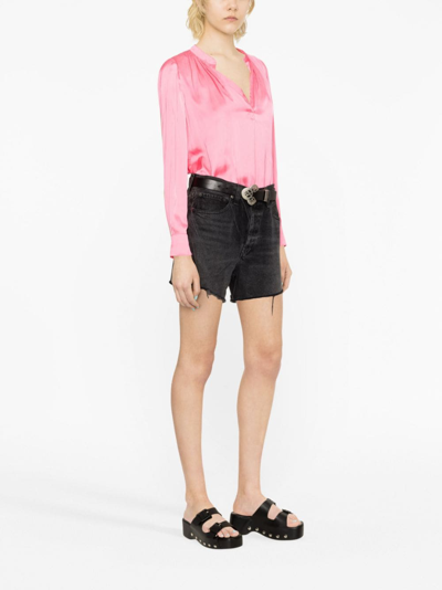 Zadig & Voltaire Tink Band-collar Satin-finish Blouse In Pink