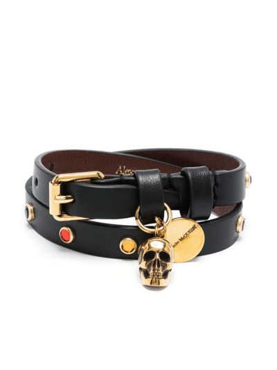 Shop Alexander Mcqueen Skull-charmleather Belt Bracelet In Black