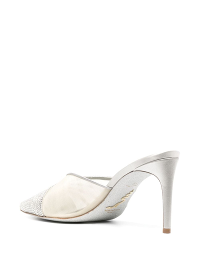 René Caovilla Rene 80 High Heel Point Toe Mule Mesh Crystal In Grey