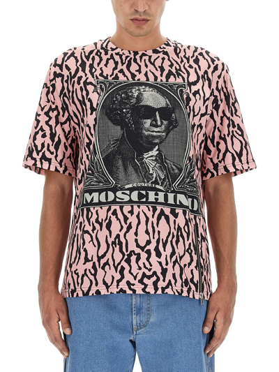 Shop Moschino T-shirt With Logo Embroidery In Pink