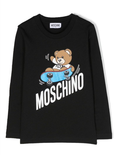 Shop Moschino Black T-shirt Wiith Long Sleeves And Maxi Print In Cotton Boy