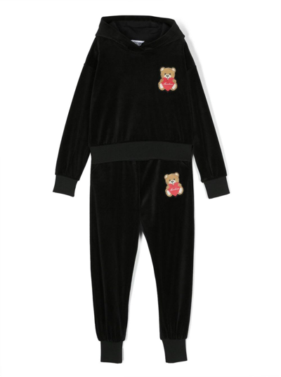 Shop Moschino Black Hooded Tracksuit With Teddy Bear Patch In Cotton Blend Velvet Girl