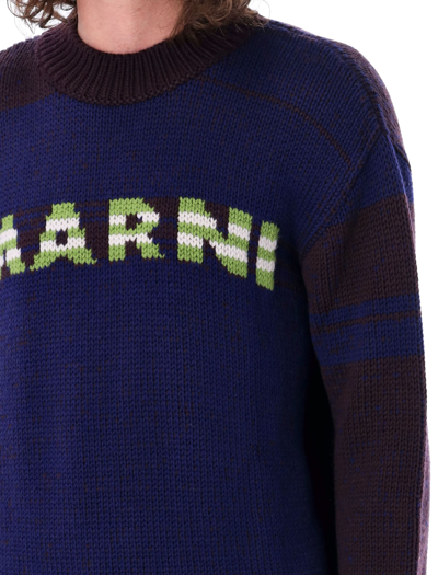 Shop Marni Mouliné Jumper With Striped Logo In Iris Blue