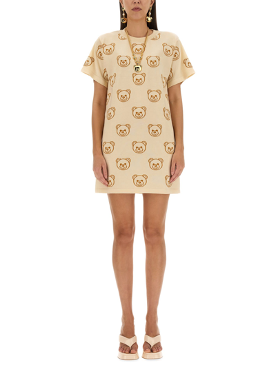Shop Moschino Dress With Teddy Bear Embroidery In Avorio