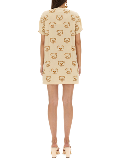 Shop Moschino Dress With Teddy Bear Embroidery In Avorio