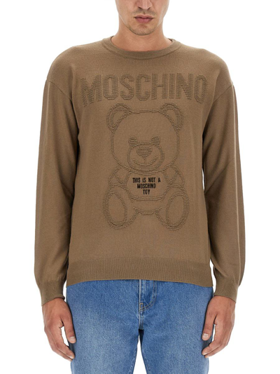 Shop Moschino Jersey With Logo In Brown