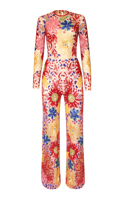 Shop Naeem Khan Abstract Floral Beaded Jumpsuit In Multi