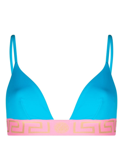 Shop Versace Greca-border Triangle Bikini Top In Blue