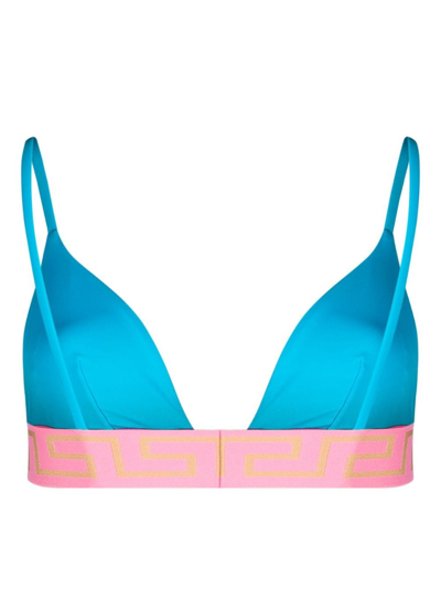 Shop Versace Greca-border Triangle Bikini Top In Blue