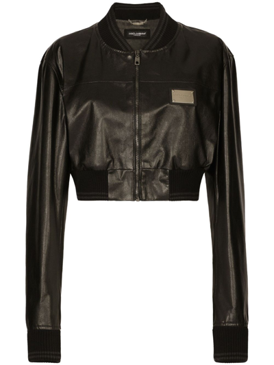 Shop Dolce & Gabbana Logo-plaque Cropped Leather Jacket In Black