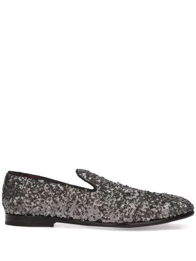 Shop Dolce & Gabbana Sequin-embellished Leather Slippers In Black