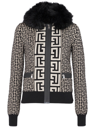 Shop Balmain Faux Fur Collar Monogram Jacket In Gfe