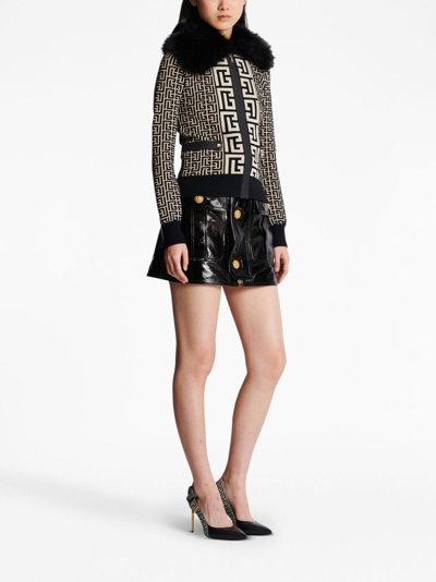 Balmain Fur Collar Monogram Knit Bomber Jacket In Gfe