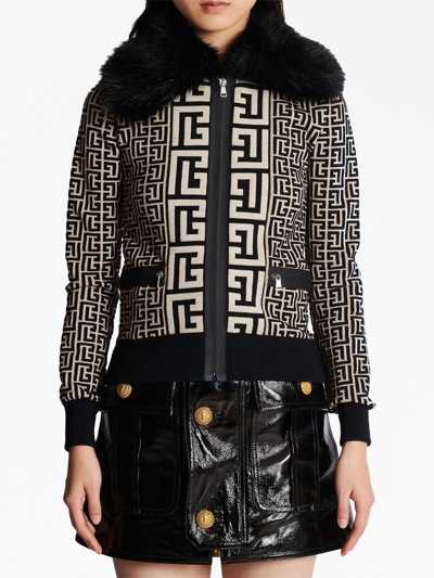 Shop Balmain Faux Fur Collar Monogram Jacket In Gfe