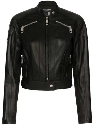 Shop Dolce & Gabbana Long-sleeve Leather Biker Jacket In Black