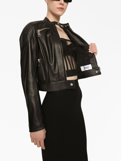 Dolce & Gabbana Long-sleeved Leather Jacket With Vertical Collar In Black
