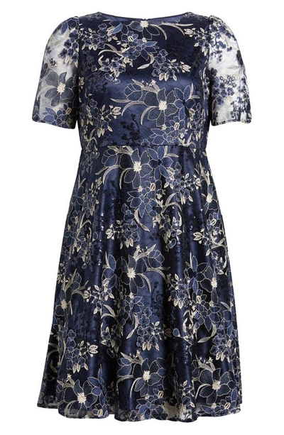Shop Eliza J Floral Embroidered Sequin Lace Dress In Navy