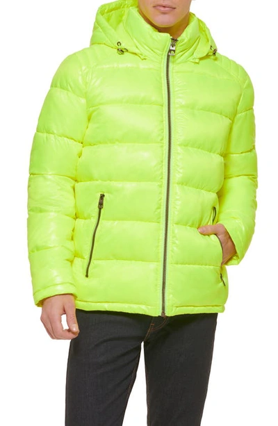 Shop Guess Hooded Solid Puffer Jacket In Neon Yellow