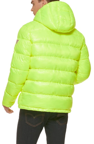 Shop Guess Hooded Solid Puffer Jacket In Neon Yellow