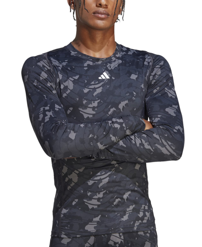Shop Adidas Originals Slim Fit Techfit Crewneck Long-sleeve Camo Training T-shirt In Blue Multi