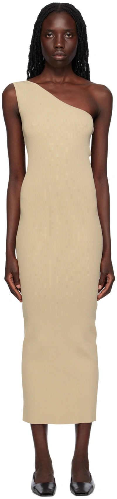 Totême One-shoulder Ribbed Viscose Midi Dress In 809 Overcast Beige
