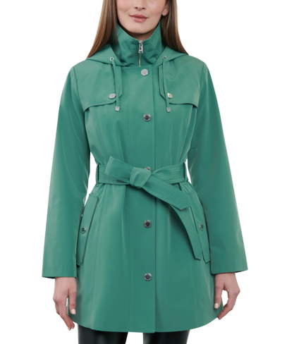 Shop London Fog Women's Hooded Belted Zip-front Rain Coat In Sage