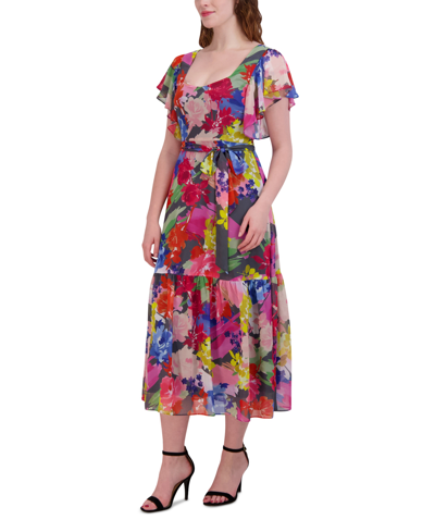 Shop Donna Ricco Women's Flutter-sleeve Printed Midi Dress In Multi