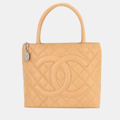 Pre-owned Chanel Beige Caviar Leather Medallion Tote Bag