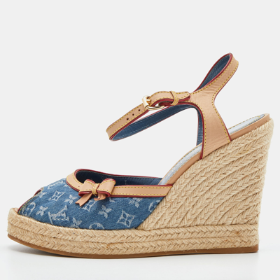 Pre-owned Louis Vuitton Blue/beige Monogram Denim And Leather Espadrille  Slingback Wedge Sandals Size 39.5