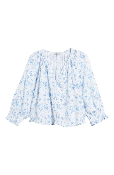 Shop Rails Mariah Floral Print Smocked Linen Blend Blouse In Blue Blossoms