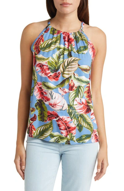 Shop Loveappella Leaf Print Tank In Denim/ Coral