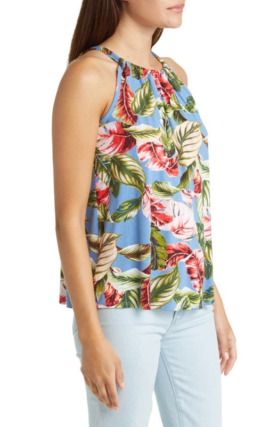 Loveappella Leaf Print Tank In Denim/ Coral