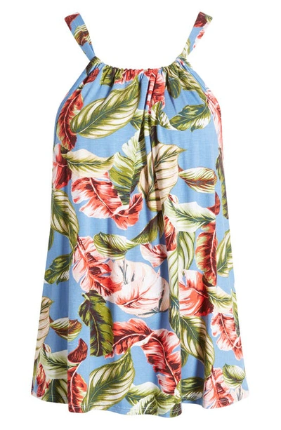 Loveappella Leaf Print Tank In Denim/ Coral