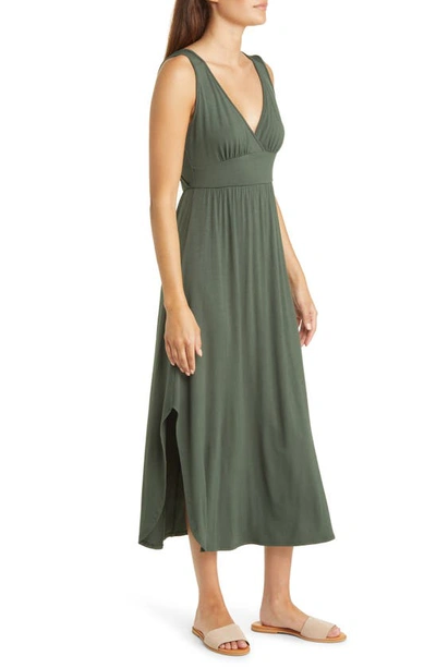 Loveappella Sleeveless V-neck Jersey Midi Dress In Olive