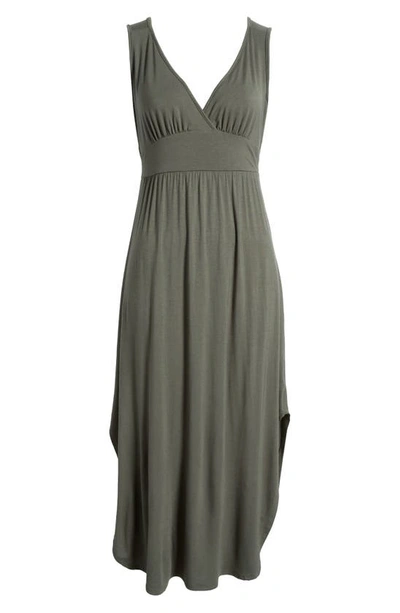 Loveappella Sleeveless V-neck Jersey Midi Dress In Olive