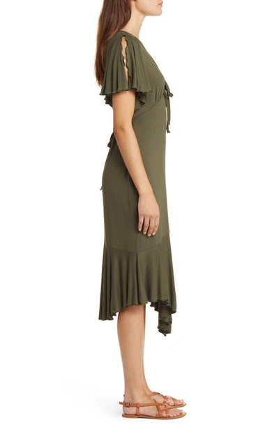 Shop Loveappella Flouncy Tie Front Asymmetric Hem Sheath Dress In Olive