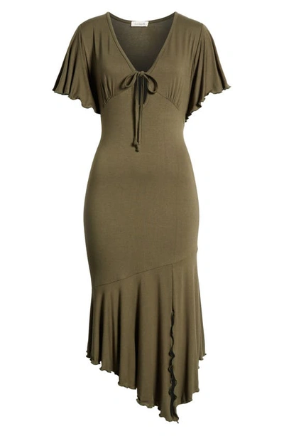 Shop Loveappella Flouncy Tie Front Asymmetric Hem Sheath Dress In Olive