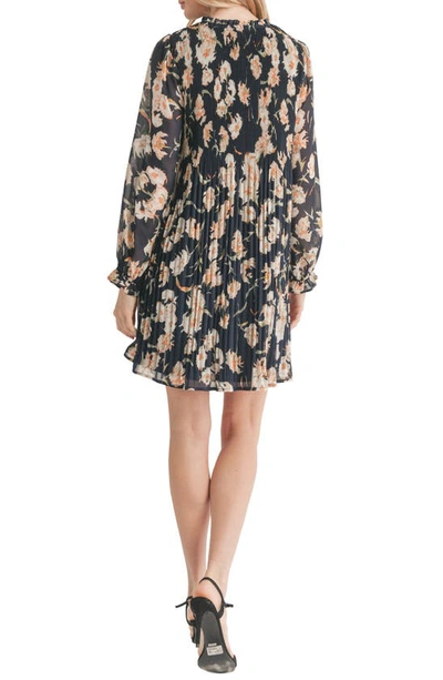 Shop Mila Mae Floral Long Sleeve Pleated Dress In Navy/ Yellow Floral