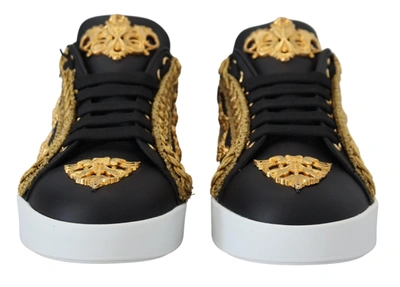 Shop Dolce & Gabbana Baroque Portofino Leather Sneakers Women's Shoes In Black