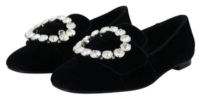 Shop Dolce & Gabbana Velvet Crystals Loafers Flats Women's Shoes In Black