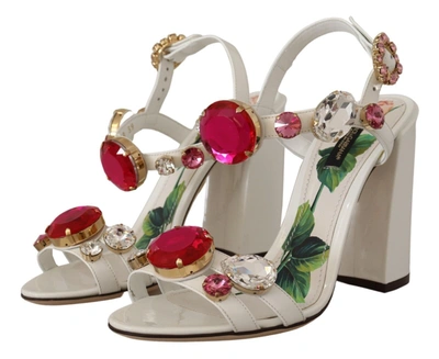 Shop Dolce & Gabbana Leather Crystal Keira Heels Sandals Women's Shoes In White
