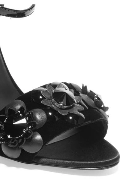 Shop Fendi Embellished Floral-appliquéd Leather-trimmed Velvet Sandals