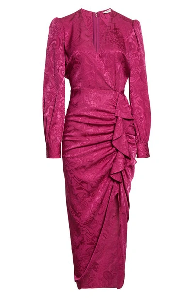 Shop Veronica Beard Weiss Side Ruffle Long Sleeve Silk Blend Maxi Dress In Bright Magenta